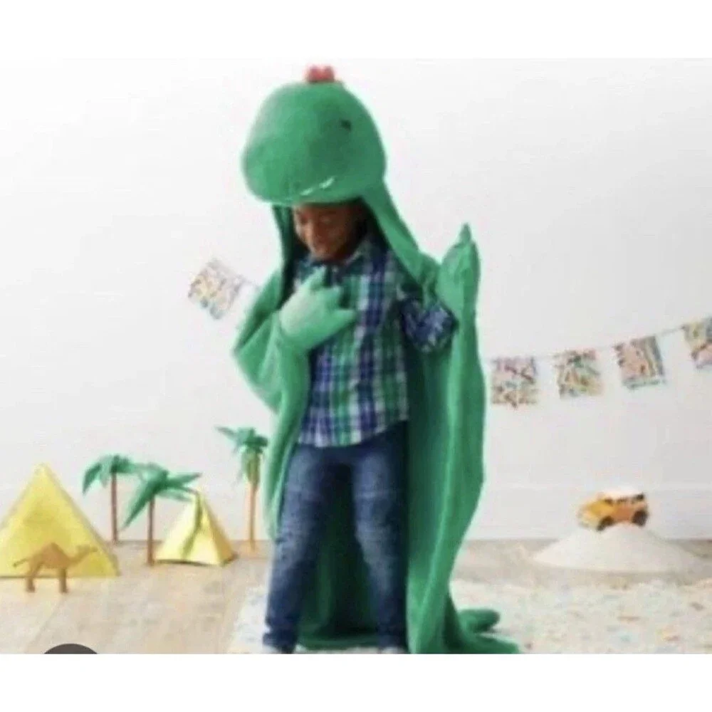 Pillowfort T Rex Dinosaur Blanket Plush Hooded Hand Pocket Green Warm Soft 40x50
